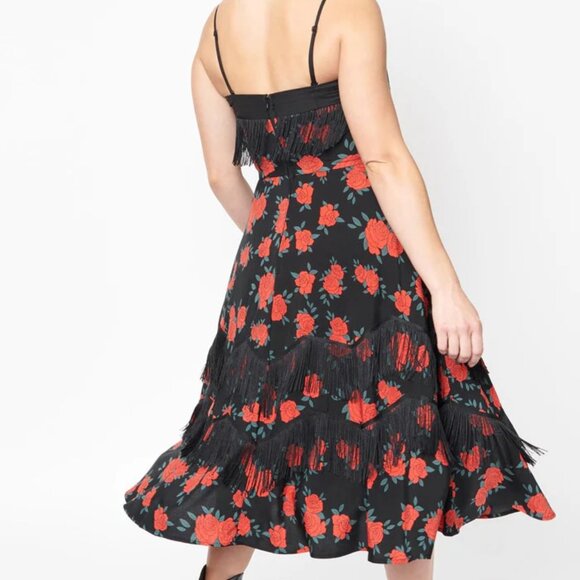 NWT Unique Vintage Red Rose Print Fringe Girlie Swing Dress XS 2 - Picture 3 of 11
